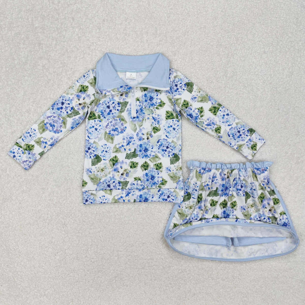GLD1016 milk silk blue flowers zipper long sleeve skirt with shorts girls set