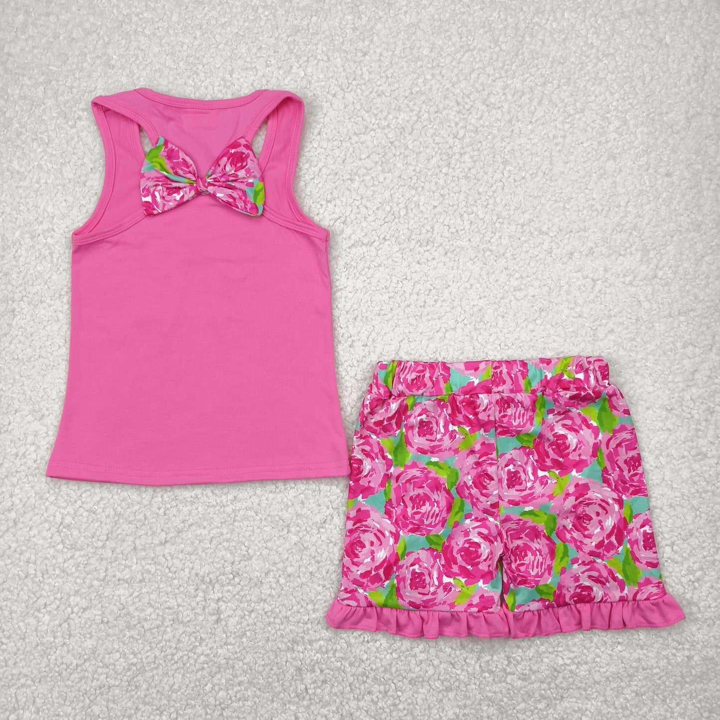 GSSO1605 colorful flowers bow hot pink sleeveless ruffles shorts girls set