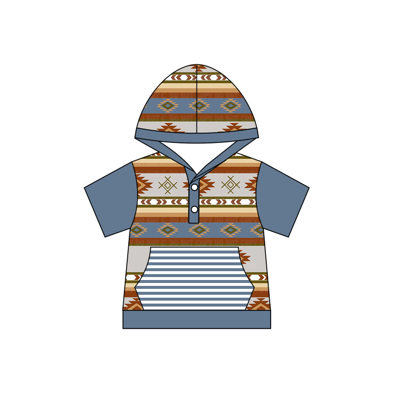 preorder BT0453 Western Aztec blue pocket hoodie short sleeve boys pullover
