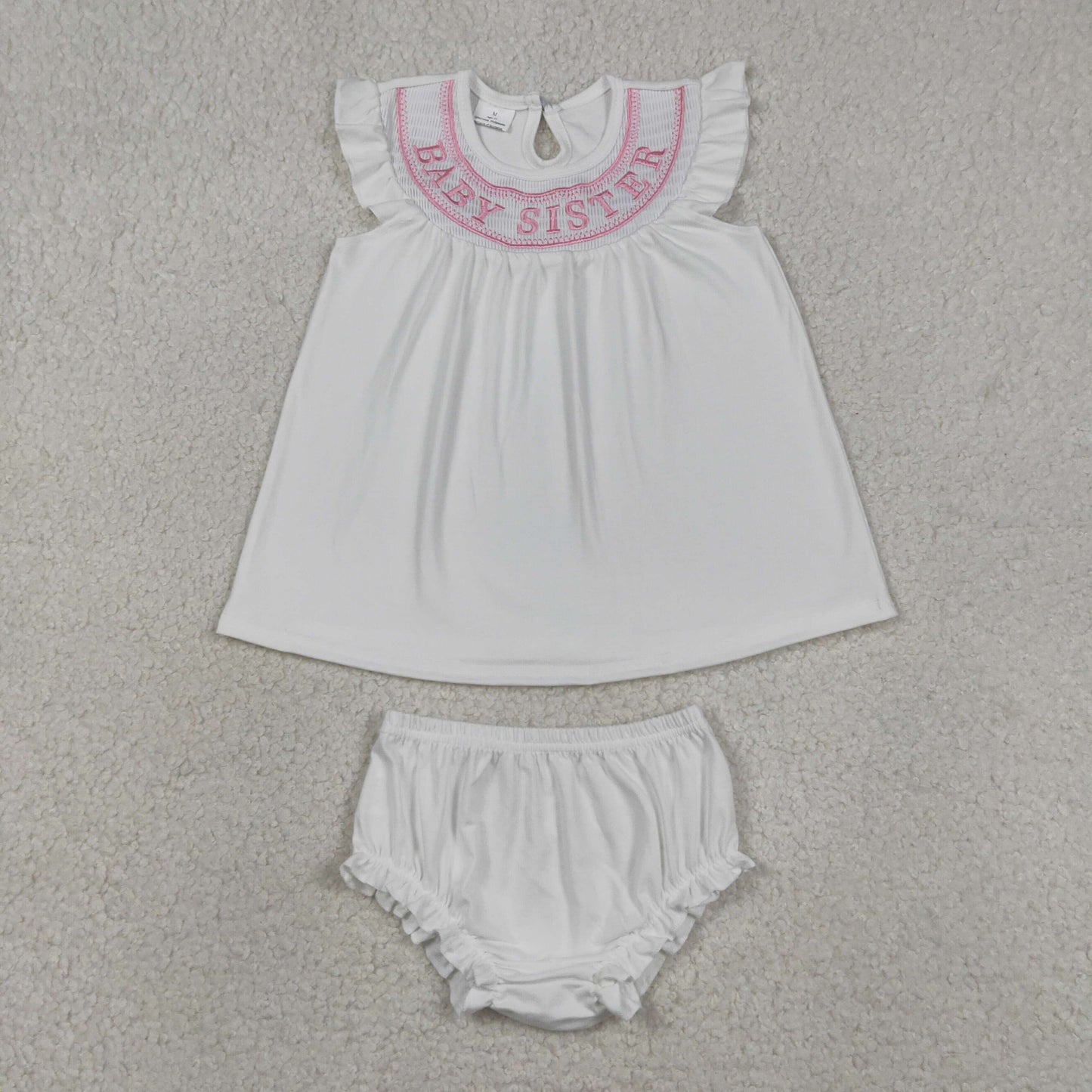 Embroidery Smocked GBO0490 Baby Sister Flutter Sleeve Girls Bummies Set