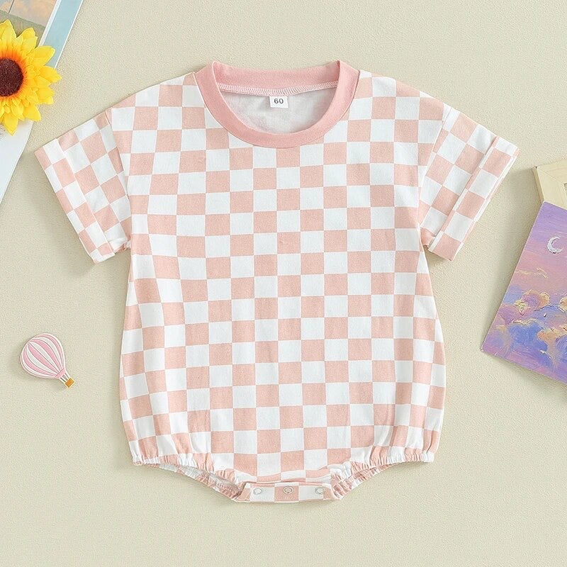 custom moq 3 pink checkered short sleeve baby romper