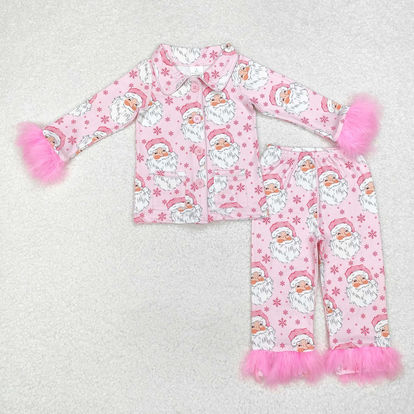 GLP1900 Christmas Santa snow hot pink long sleeve pants girls fur pajamas
