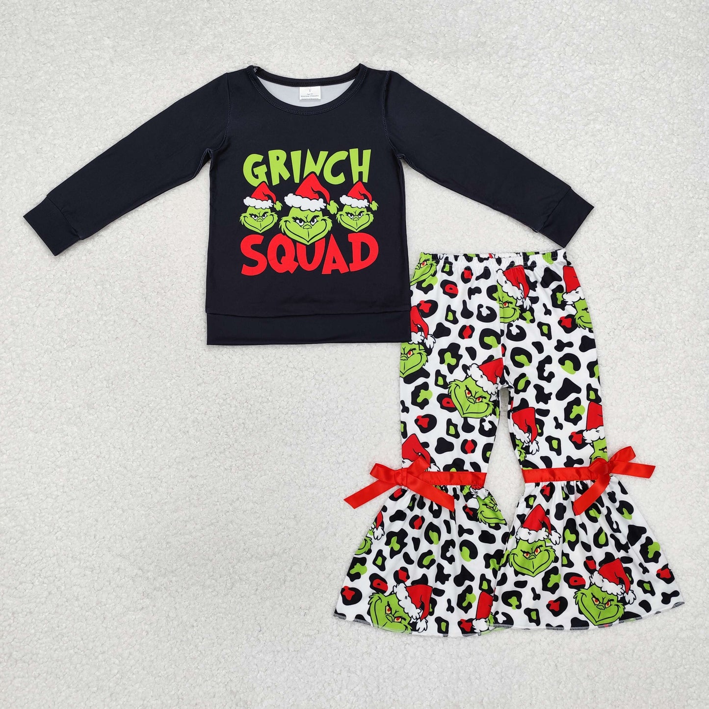 GLP1915 Christmas green face black long sleeve leopard pants girls set