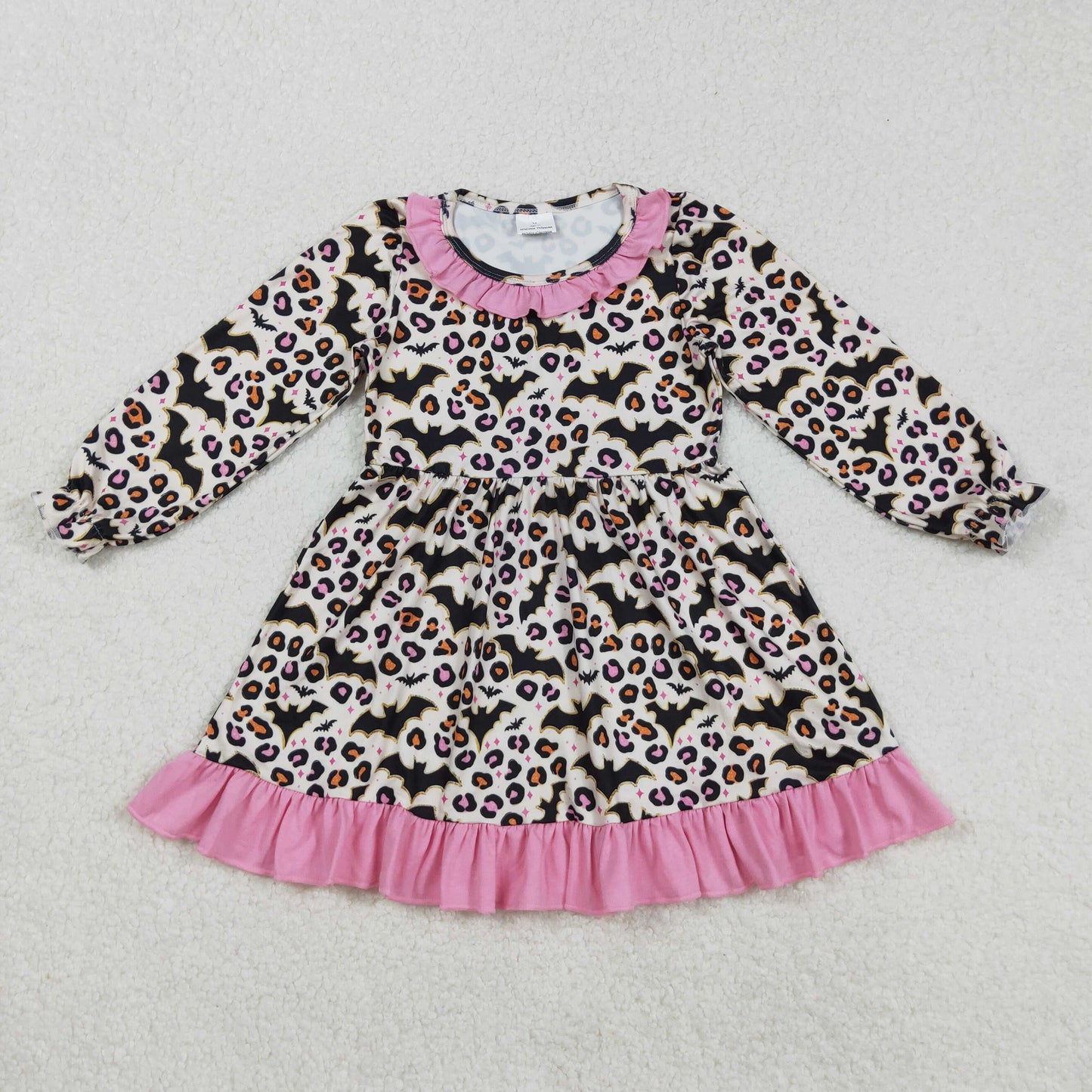 GLD1224 Halloween bat leopard hot pink long sleeve girls dress