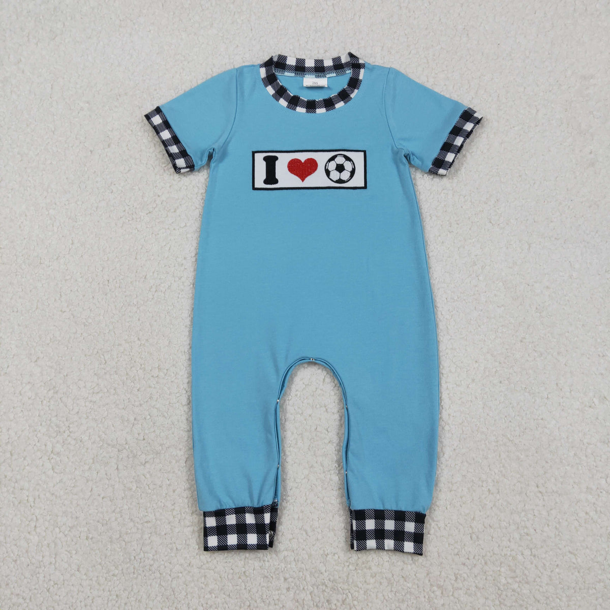 Embroidery SR3369 I Love Soccer Blue Short Sleeve Boys Romper