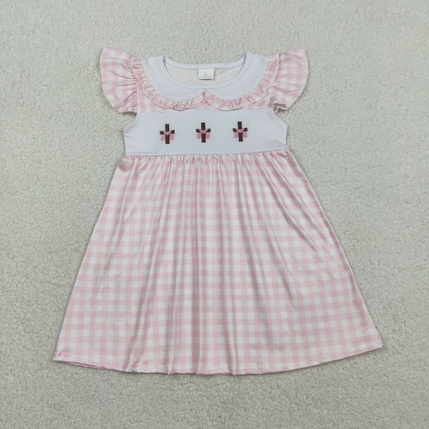 Embroidery GSD3382 Easter Cross Pink Checkered Flutter Sleeve Girls Dress