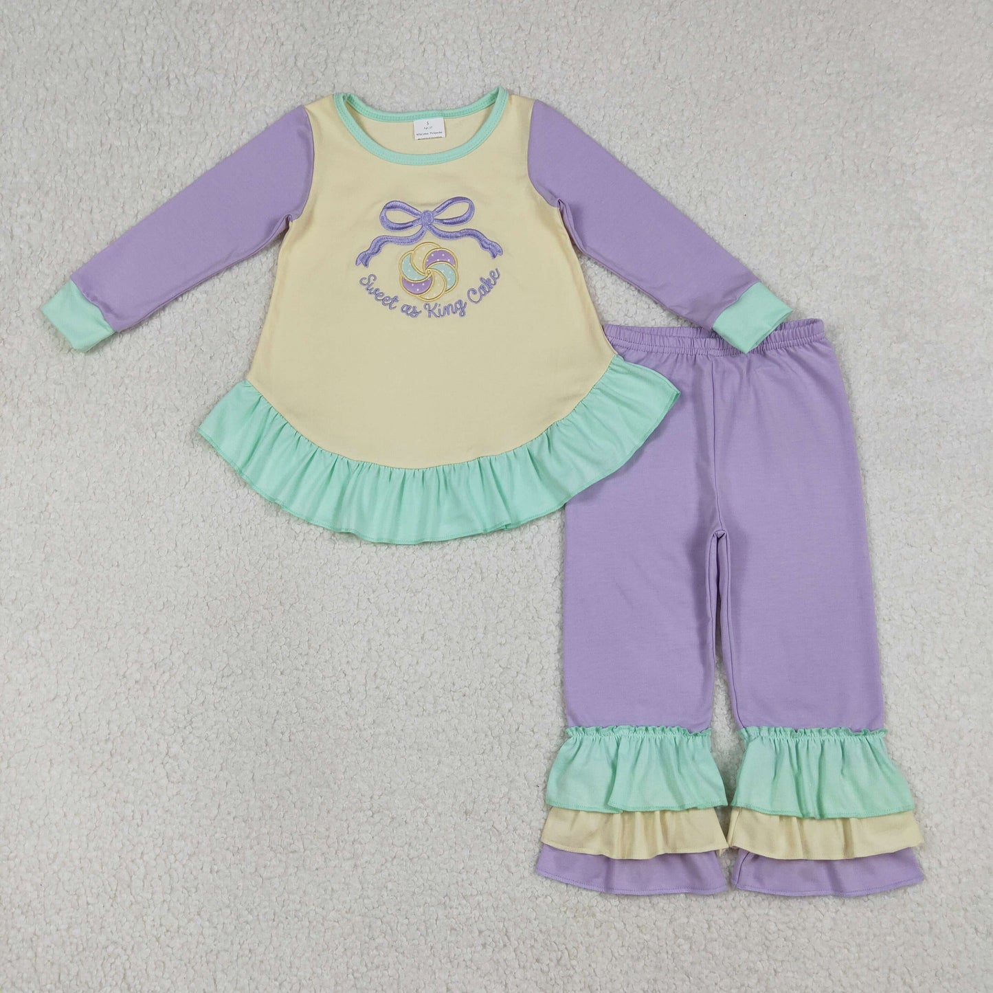 GLP2979 Mardi Gras sweet as king cake bows long sleeve purpel pants girls set