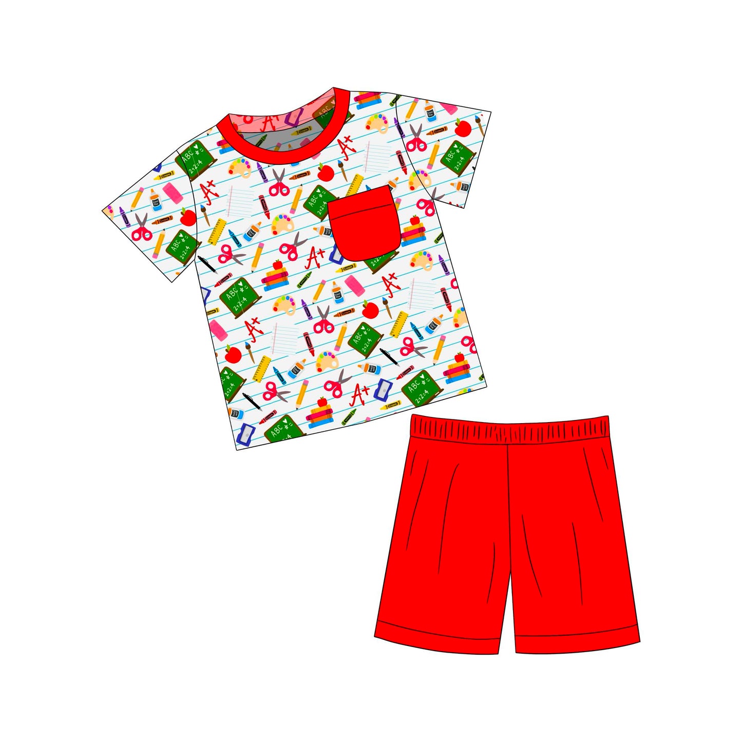 custom back to school pen pocket short sleeve red shorts boys set