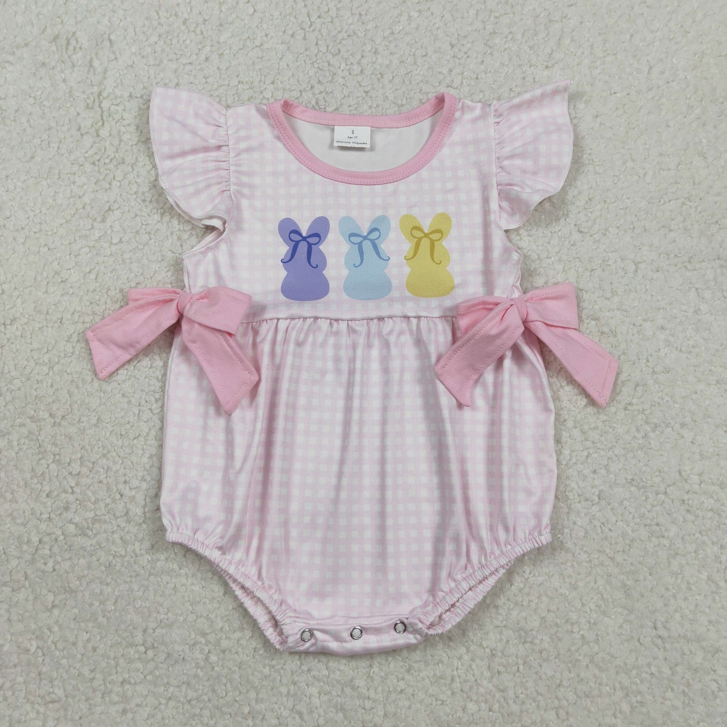 Embroidery SR3767 Easter Bunny Rabbit Pink Bows Flutter Sleeve Girls Romper