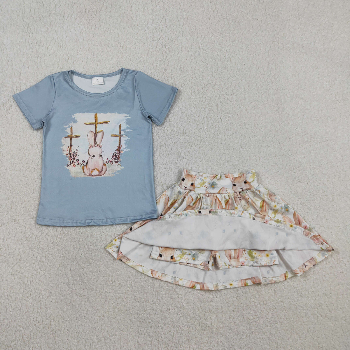 GSD3486 Easter Cross Rabbit Bunny Blue Short Sleeve Skirts Girls Set