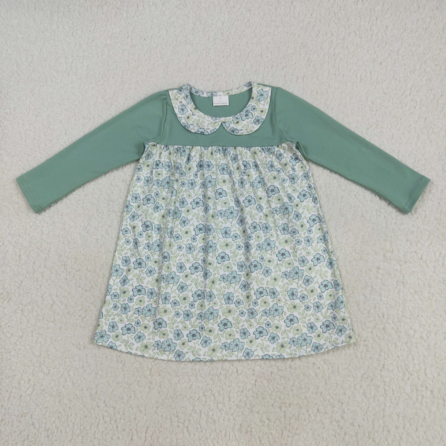GLD1087 blue flowers floral green long sleeve girls dress