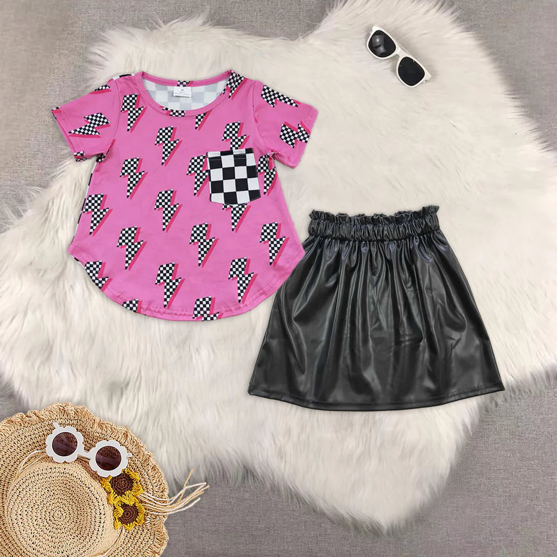 checkered flash pocket hot pink short sleeve black leather skirt girls set GT0227+GLK0013