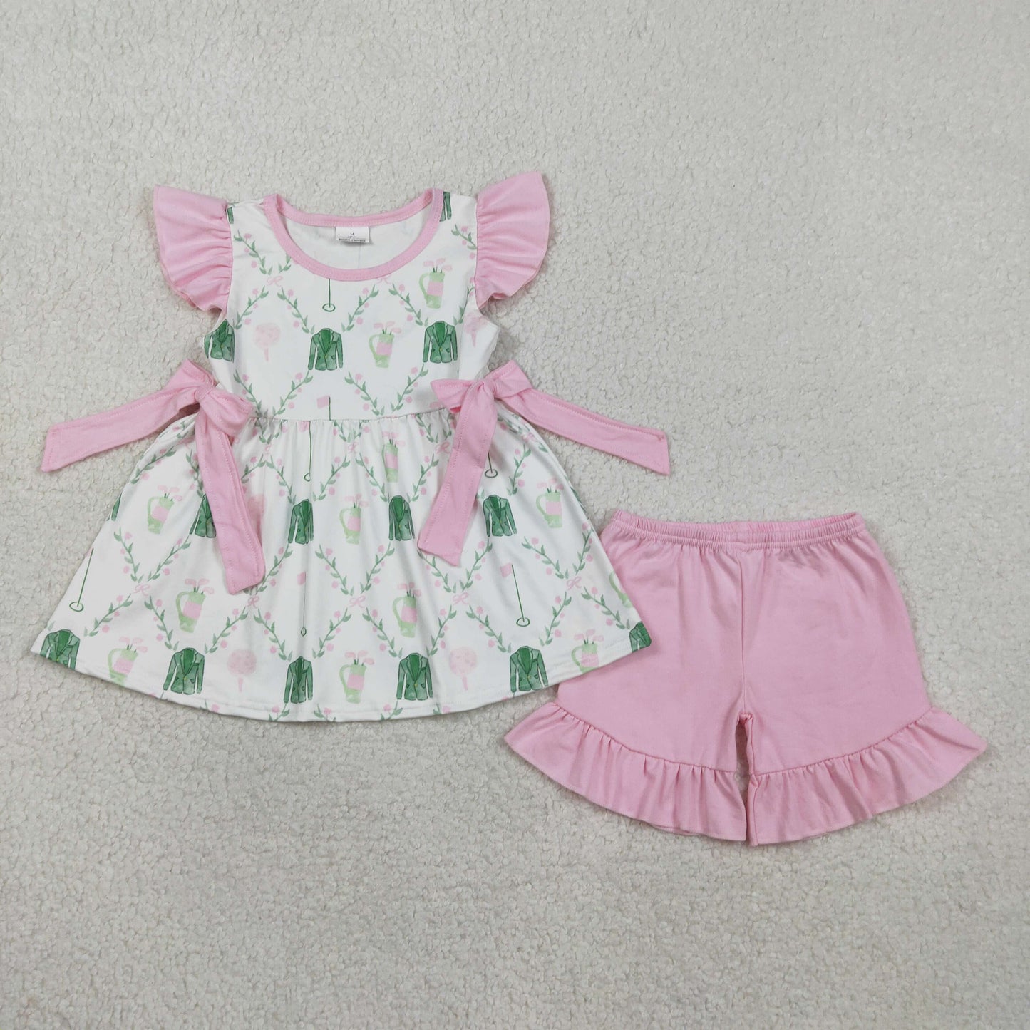 GSSO3063 Green Golf Flowers Flutter Sleeve Pink Shorts Girls Set