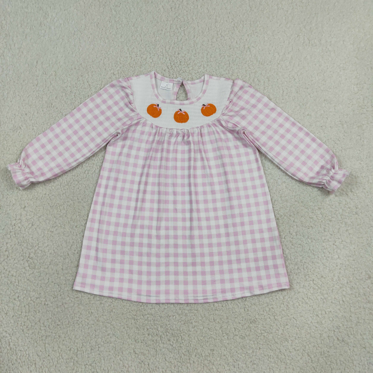 Embroidery GLD1649 Smocked Pumpkin Purple Checkered Short Sleeve Girls Dress