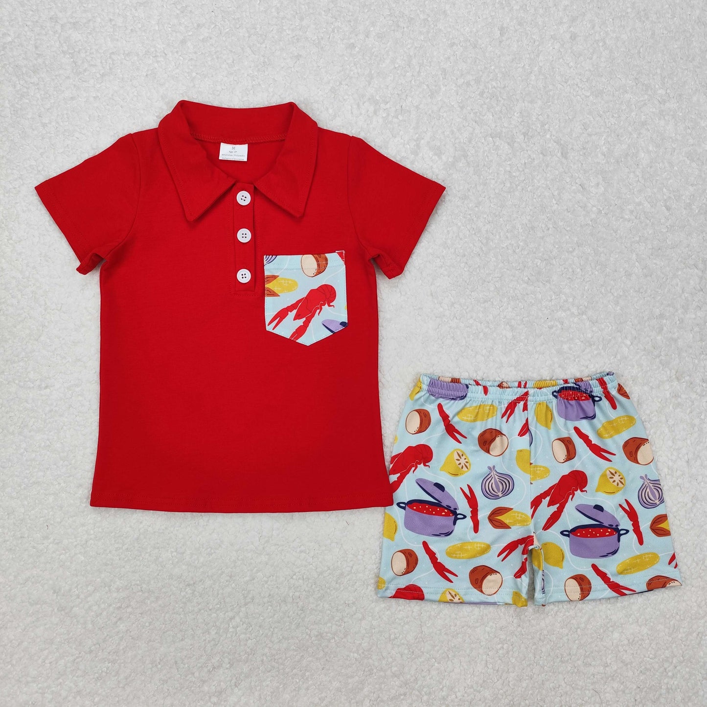 BSSO1188 Crayfish Corn Potato Red Pocket Short Sleeve Shorts Boys Set
