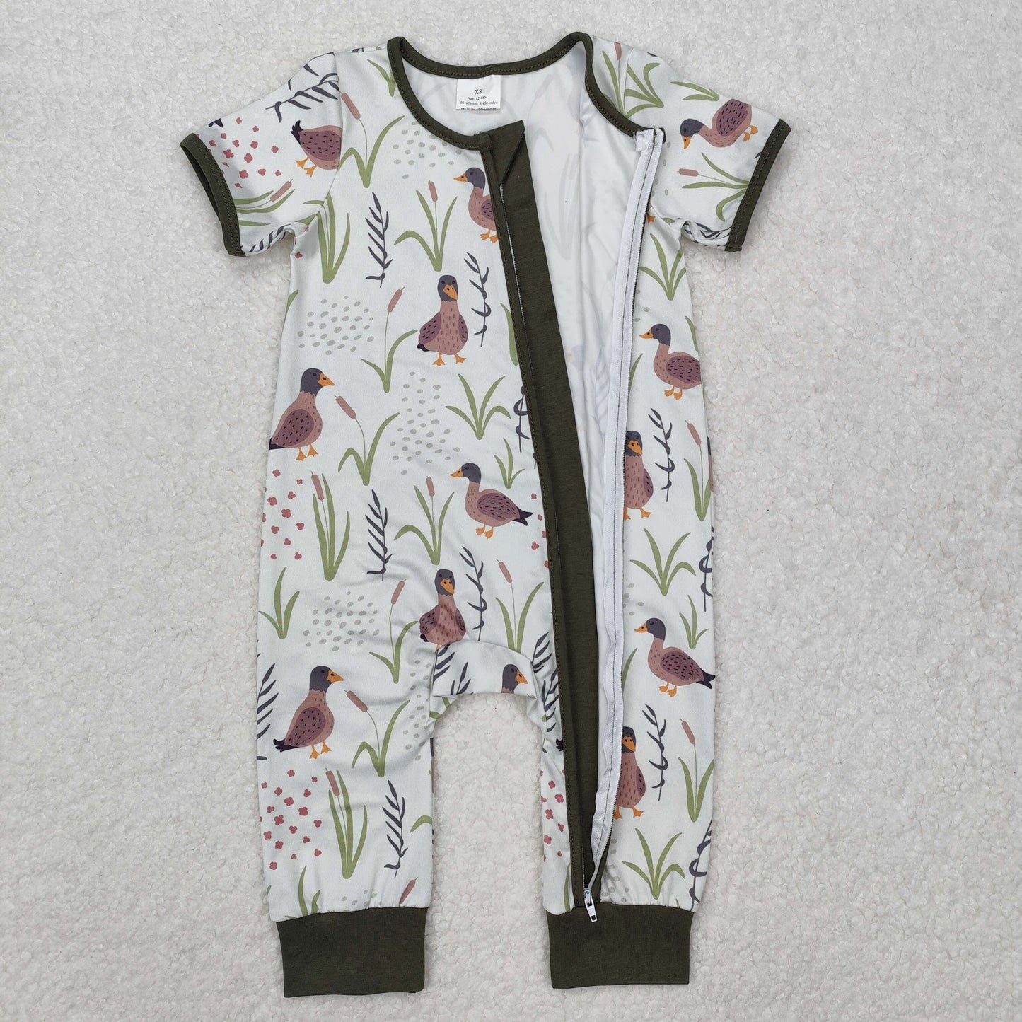 SR2086 hunting season mallard duck dark green zipper short sleeve boys romper