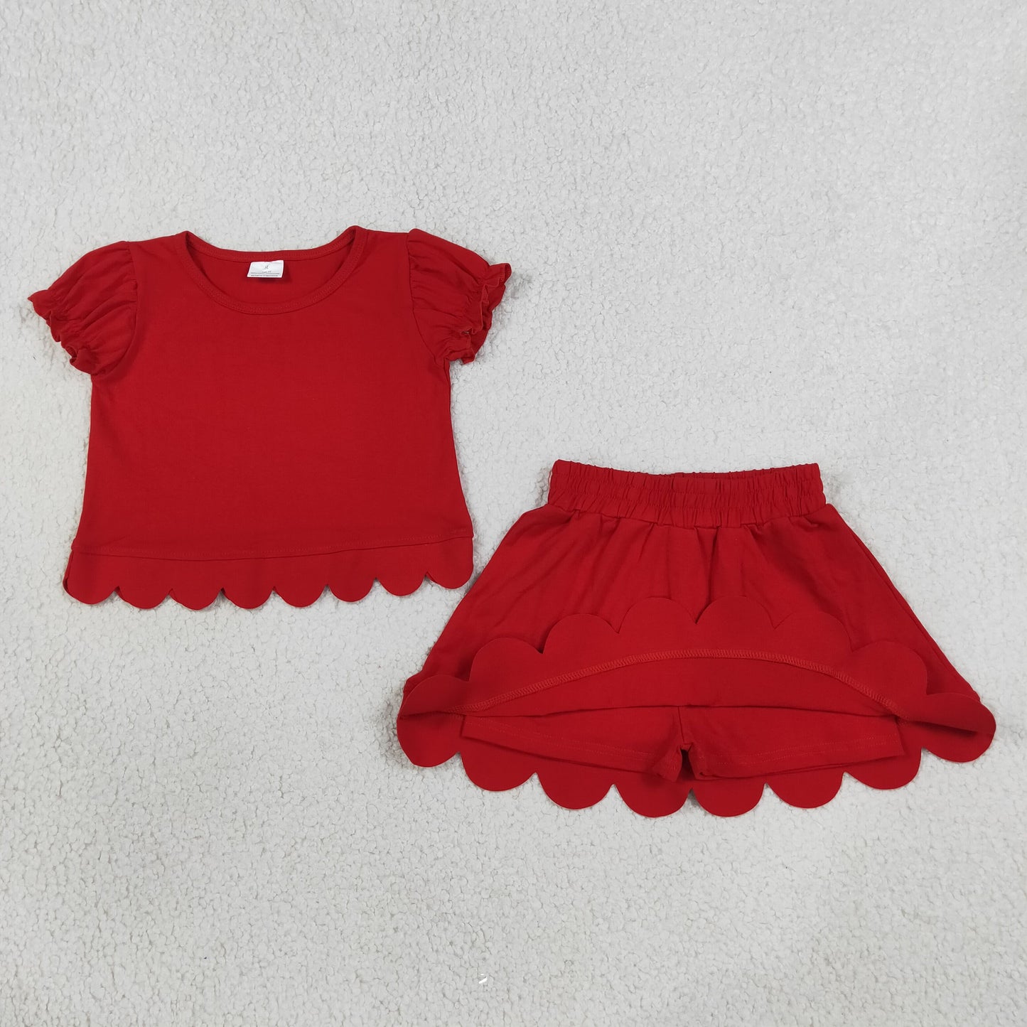 GSD3938 Solid Color Red Scallop Short Sleeve Skorts Girls Set