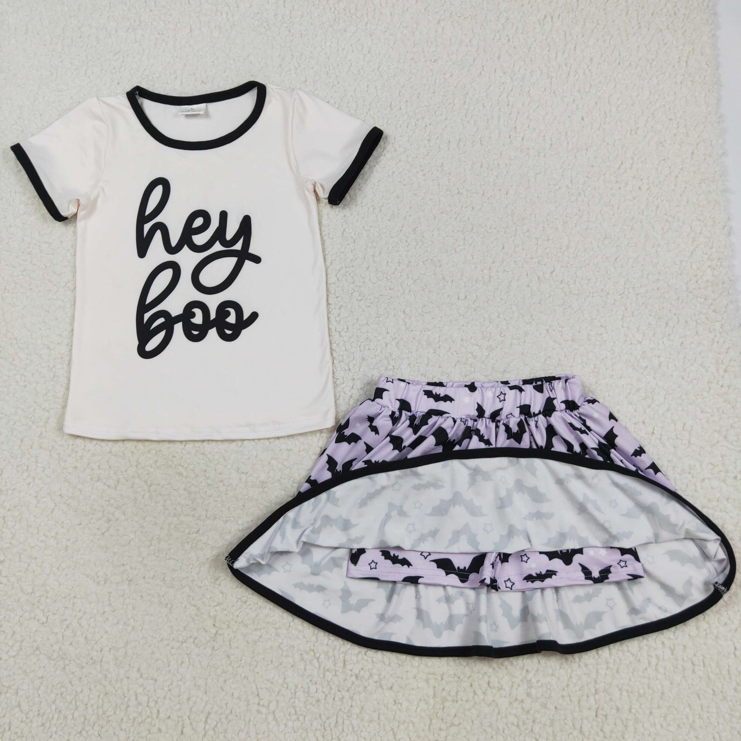 GSD2772 Halloween hey boo short sleeve bat purple skirt girls set