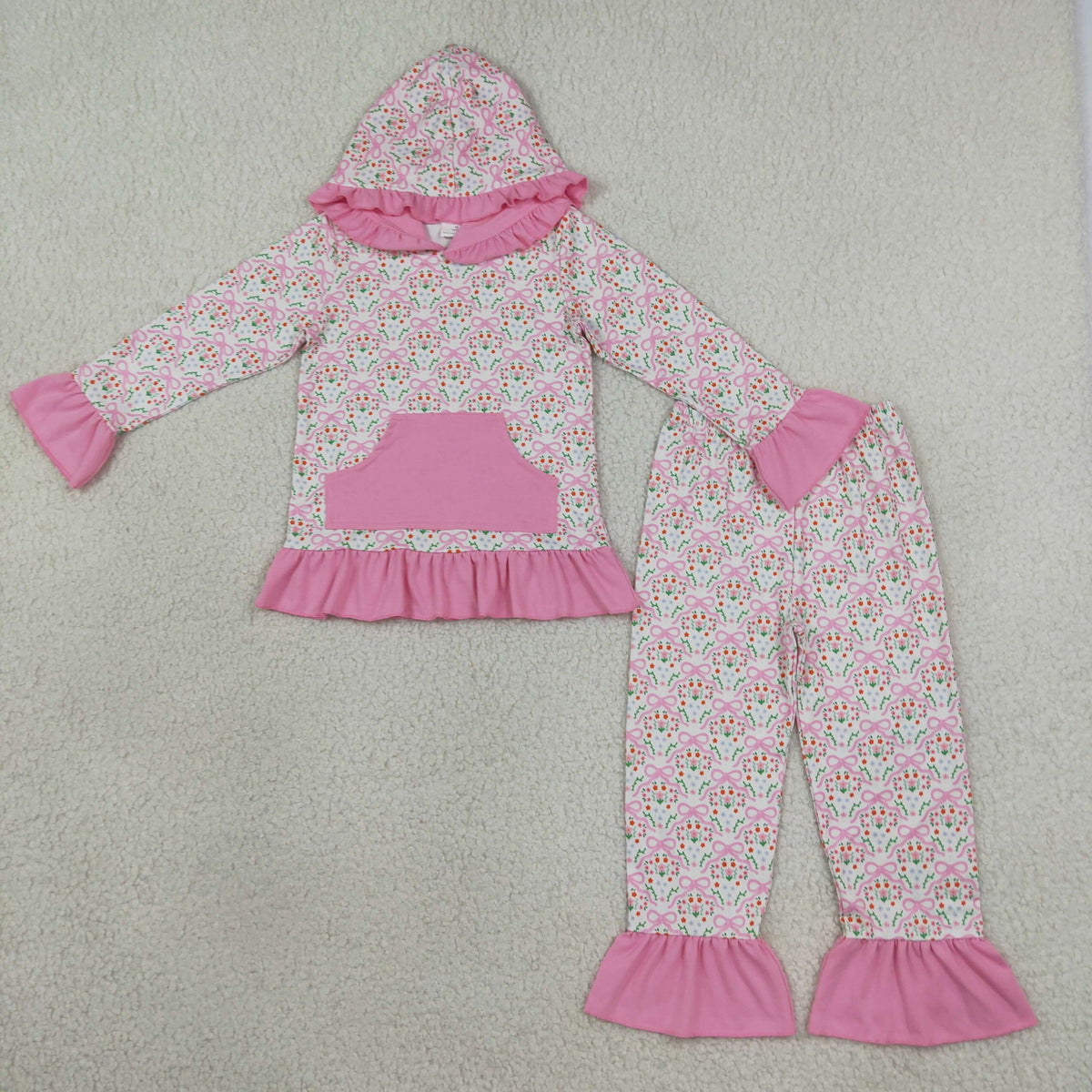 GLP3520 Flowers Bows Pocket Hoodie Long Sleeve Pants Girls Set