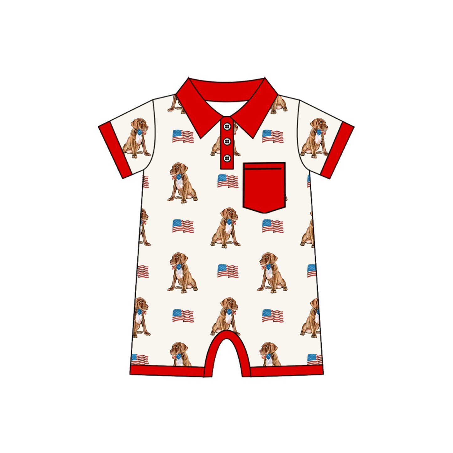 preorder SR3064 July 4th flag dog red pocket short sleeve boys romper