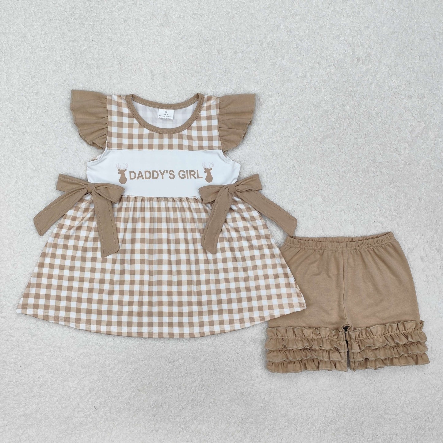 GSSO1644 hunting daddy's girl deer checkered bows flutter sleeve khaki shorts girls set