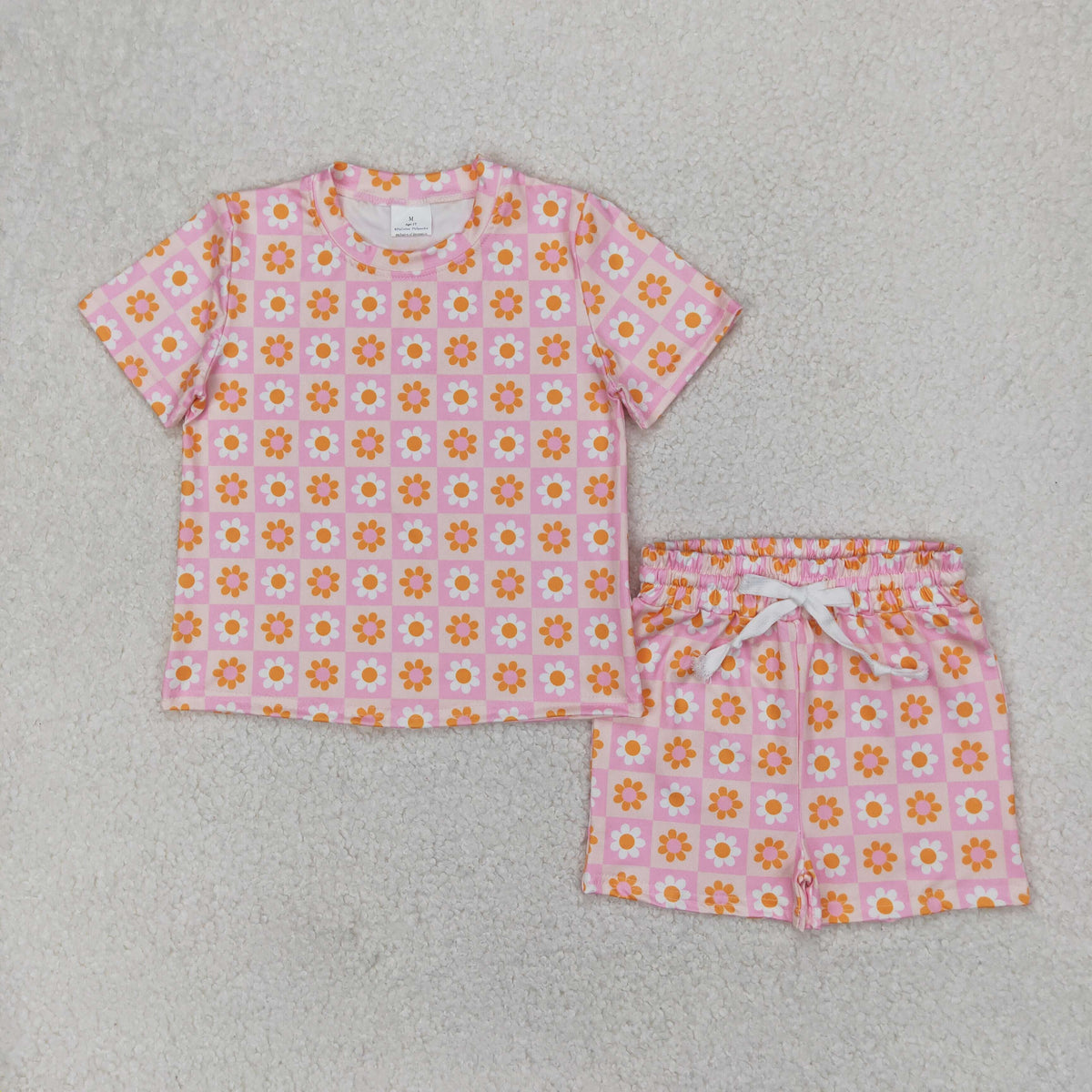 GSSO2425 flowers pink checkered short sleeve shorts girls set