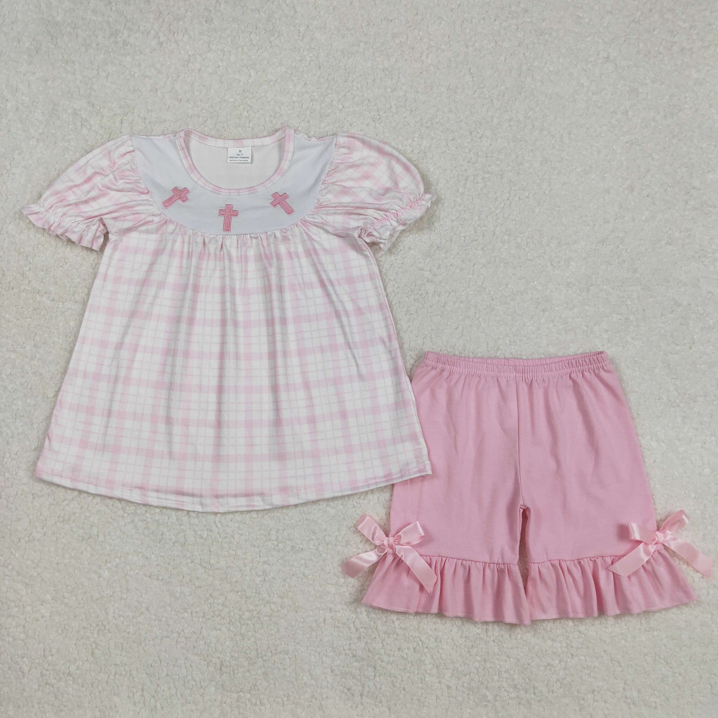 embroidery GSSO1855 Easter cross pink checkered short sleeve pink shorts girls set