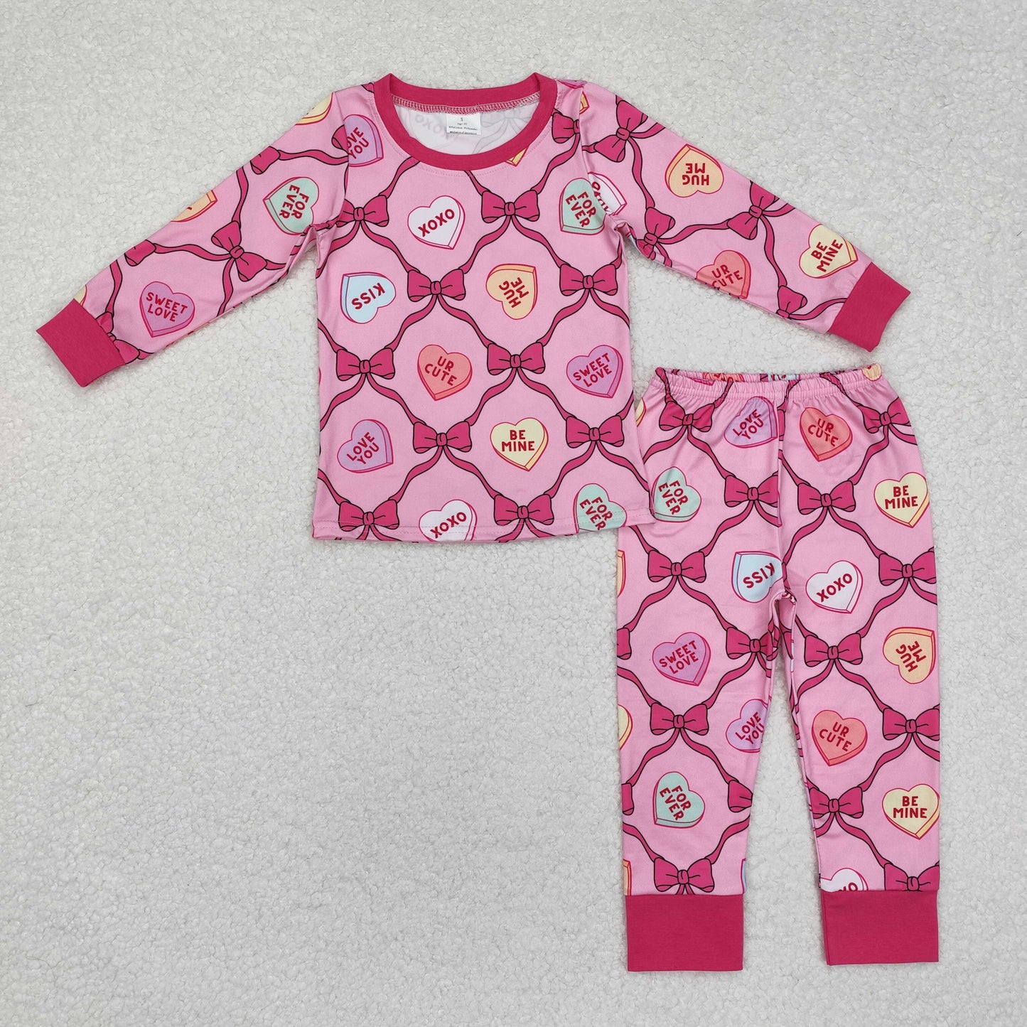 GLP2252 Valentine's Day love you heart bows hot pink long sleeve pants girls pajamas