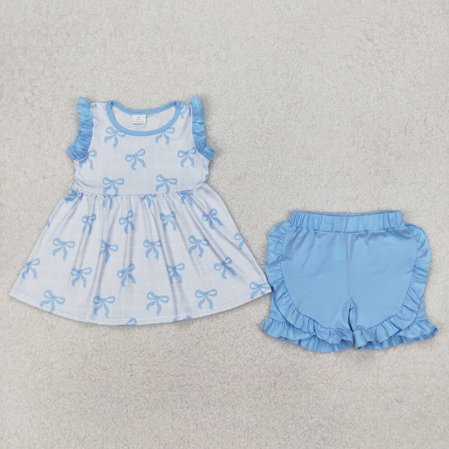 GSSO2120 blue bows ruffles sleeve blue shorts girls set