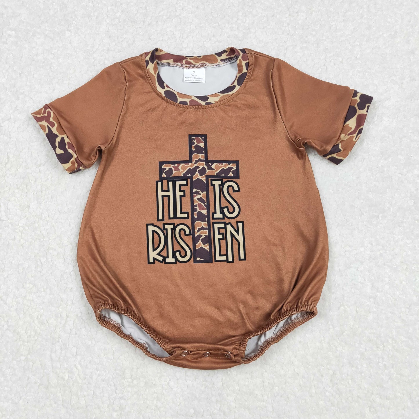 SR2374 Easter Camo Cross He Is Risen Brown Short Sleeve Boys Romper
