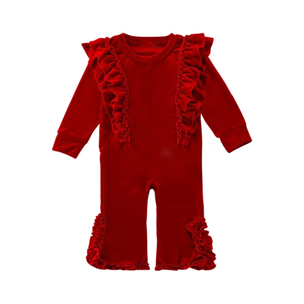 preorder LR2080 Christmas red velvet ruffles long sleeve girls romper