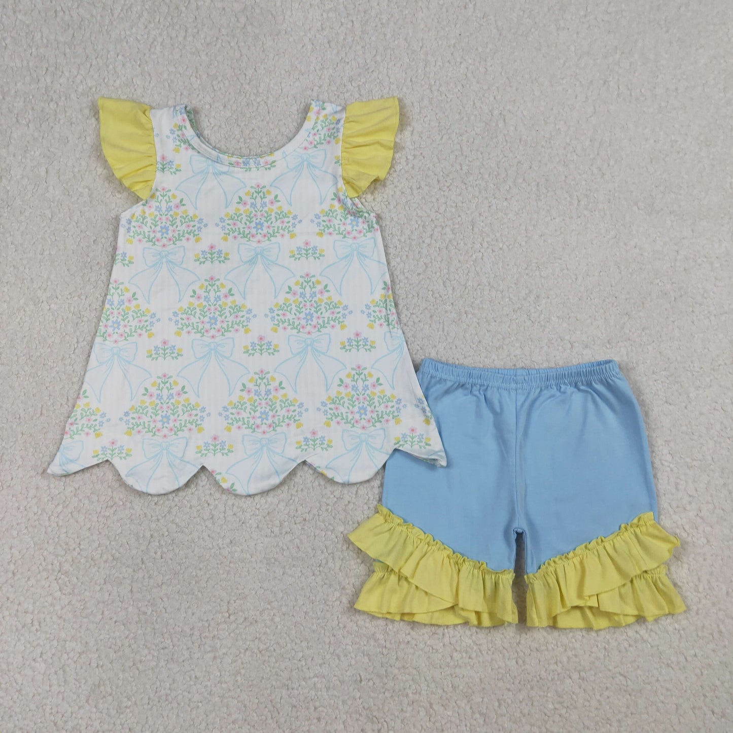 GSSO2767 scallop flowers blue bows flutter sleeve blue shorts girls set