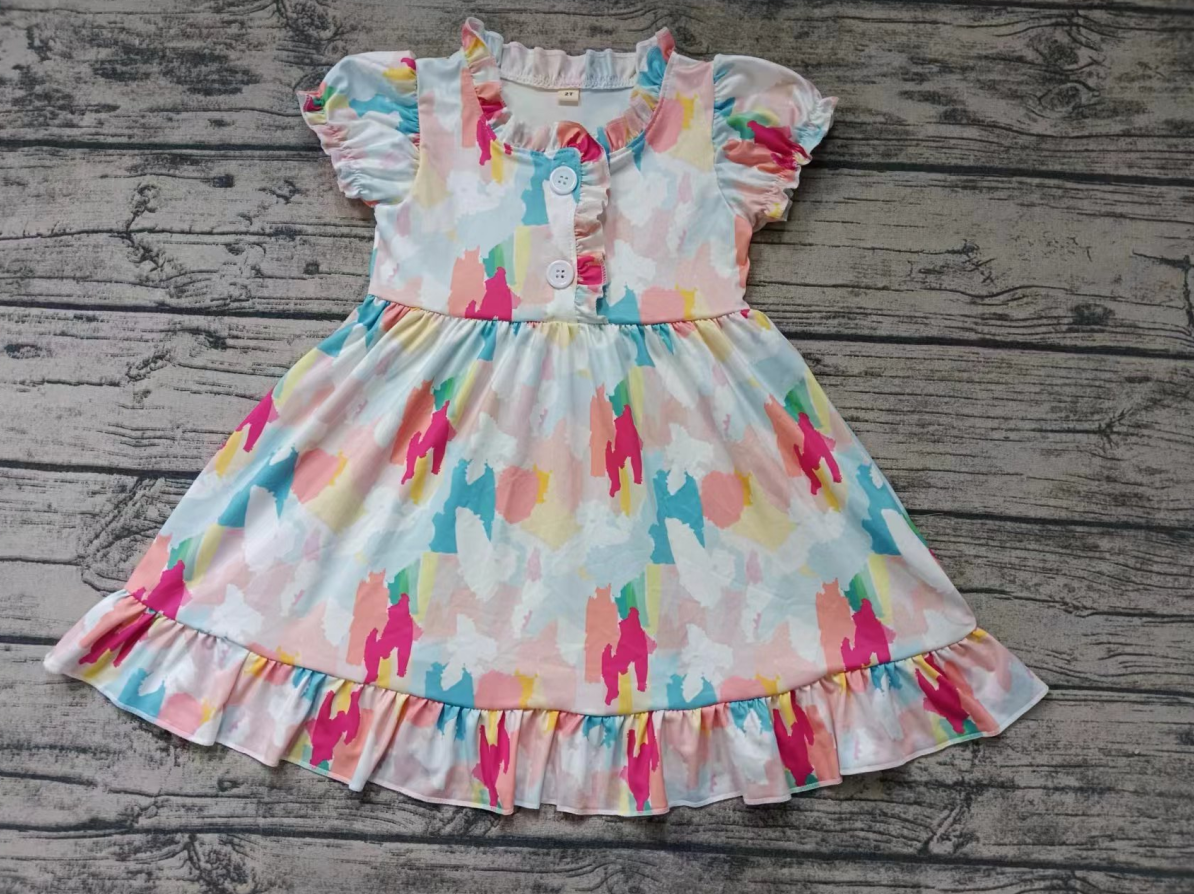 custom S cute watercolor colorful print short sleeve girls dress