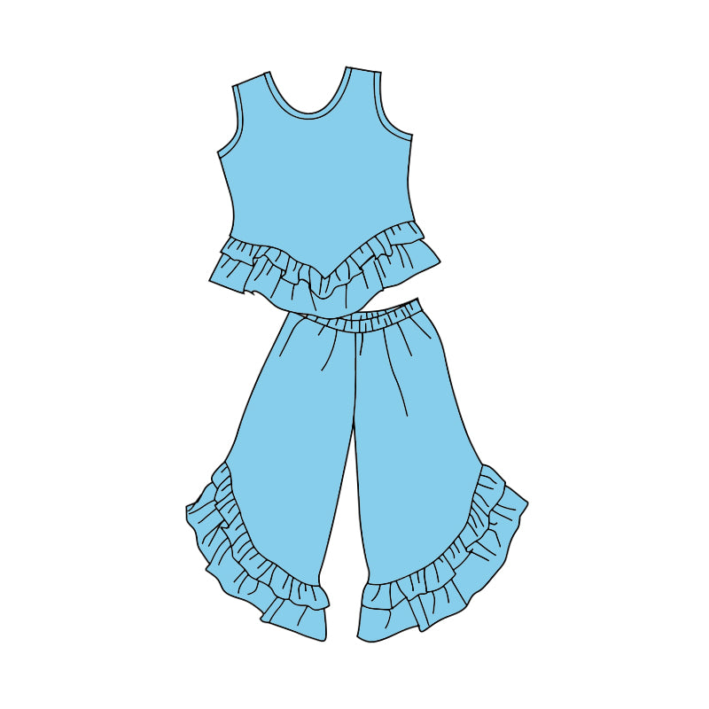 custom trendy blue sleeveless pants girls ruffles set