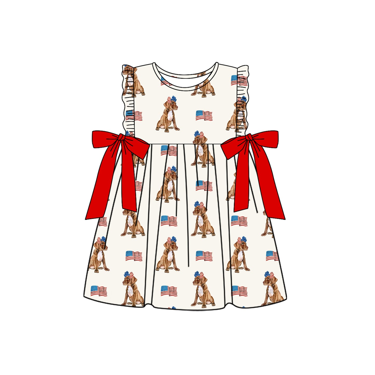 preorder GSD2466 July 4th flag dog with bows red sleeveless girls dress