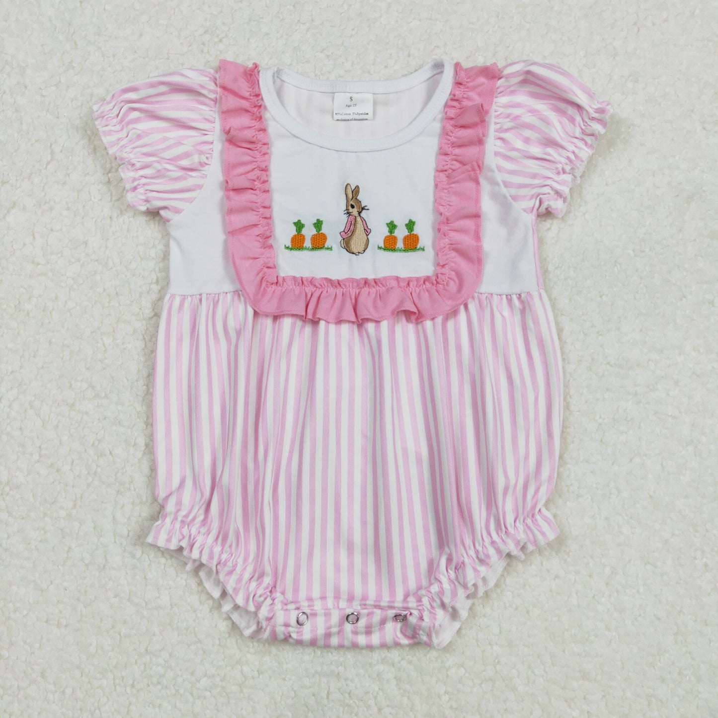 embroidery SR2144 Easter bunny rabbit carrot pink striped short sleeve girls romper