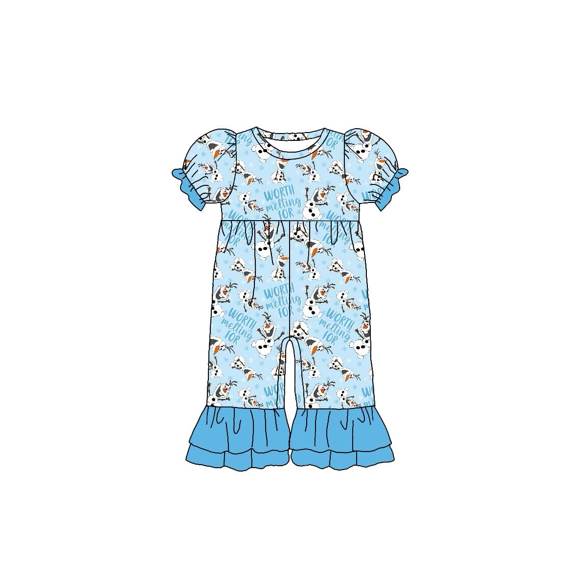 custom cartoon snowman blue short sleebe girls romper