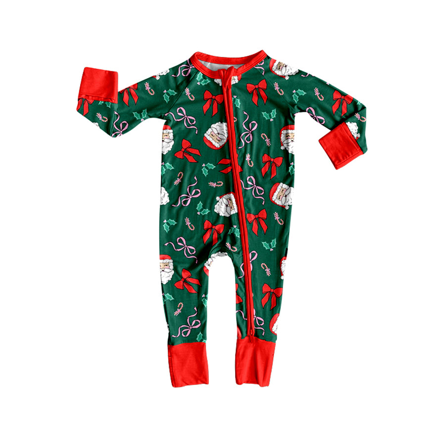 Custom moq 20 bamboo Christmas Santa holly berry bows green zipper long sleeve girls romper