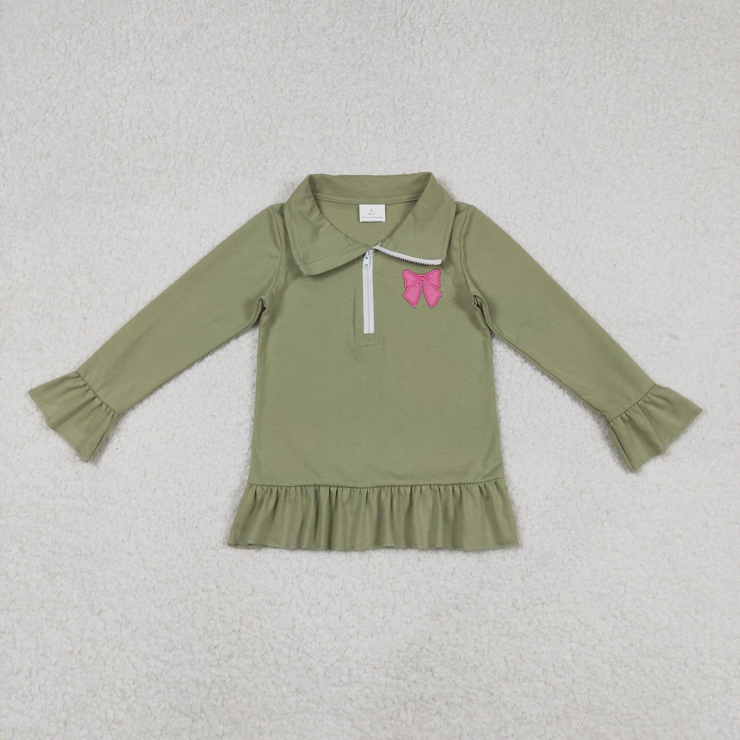 GT1272 Embroidery Bows Green Zipper Hoodie Long Sleeve Girls Top