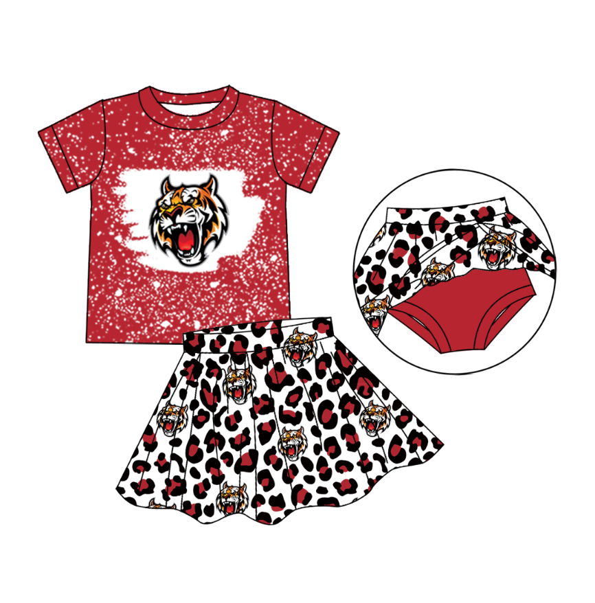 Custom Moq 3 football team tigers red short sleeve red leopard with shorts skirt girls set