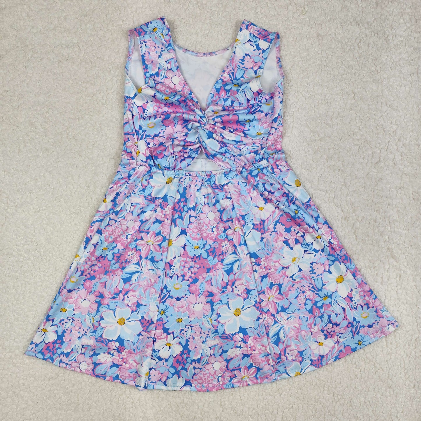 GSD1845 Colorful Flowers Blue Purple Twril Bows With Shorts Girls Dress