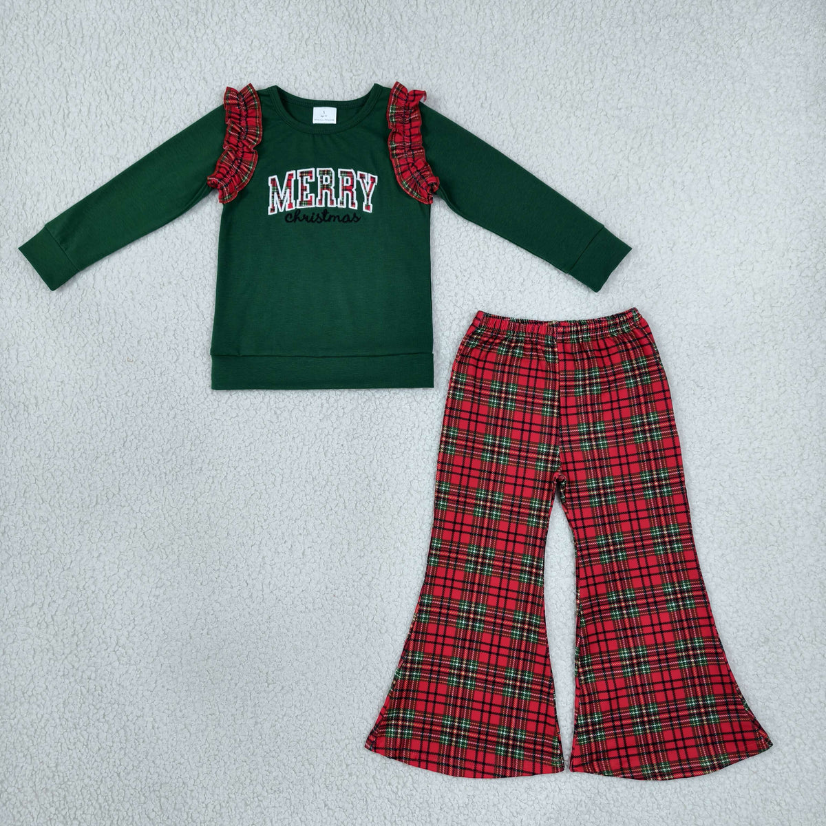 Embroidery GLP3595 Merry Christmas Green Long Sleeve Pants Girls Set