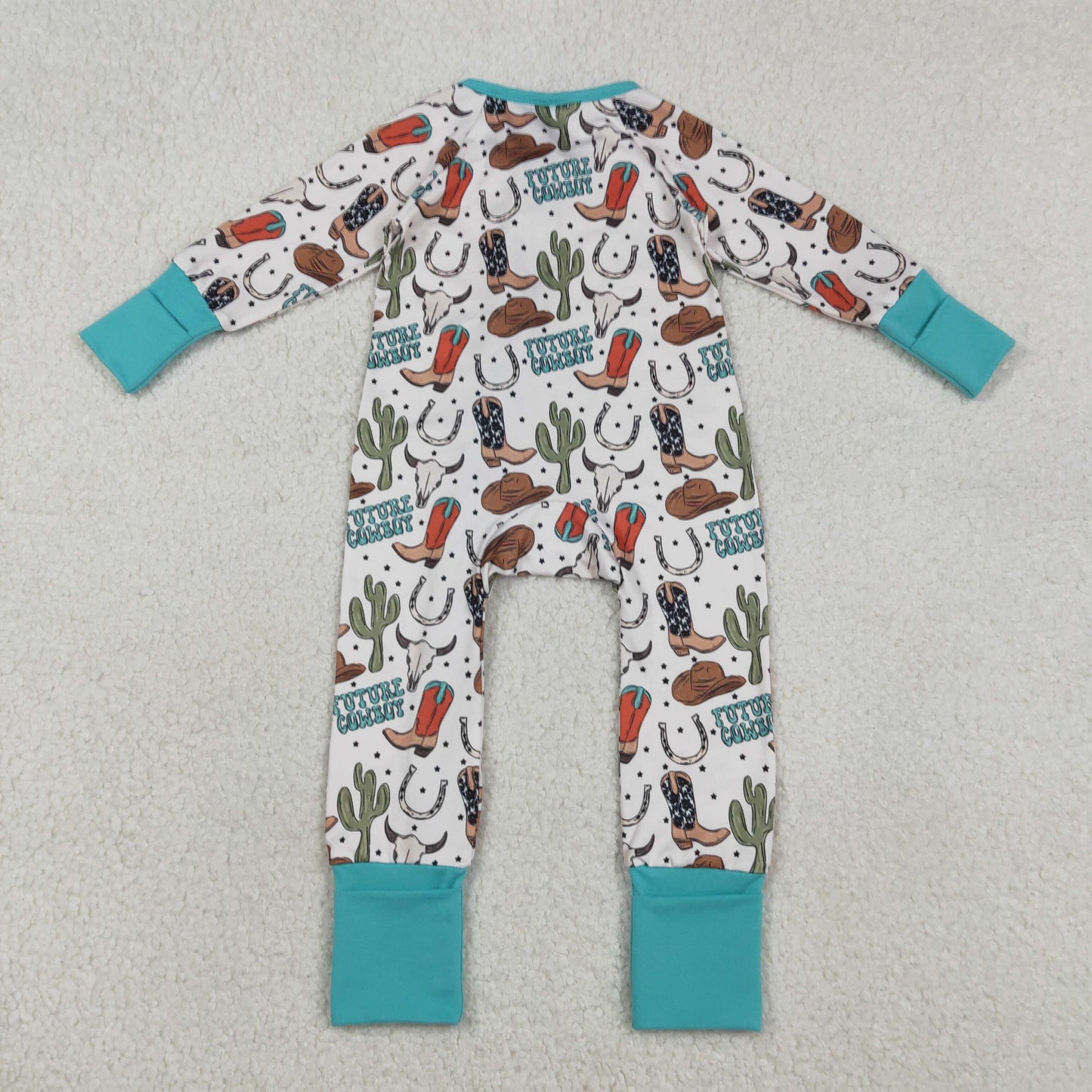 LR2944 Western Boots Hat Cactus Blue Long Sleeve Boys Romper