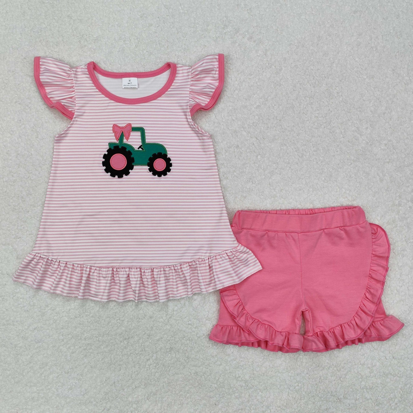 USA SHOP Embroidery GSSO1757 Farm Tractor Pink Striped Flutter Sleeve Hot Pink Shorts Girls Set