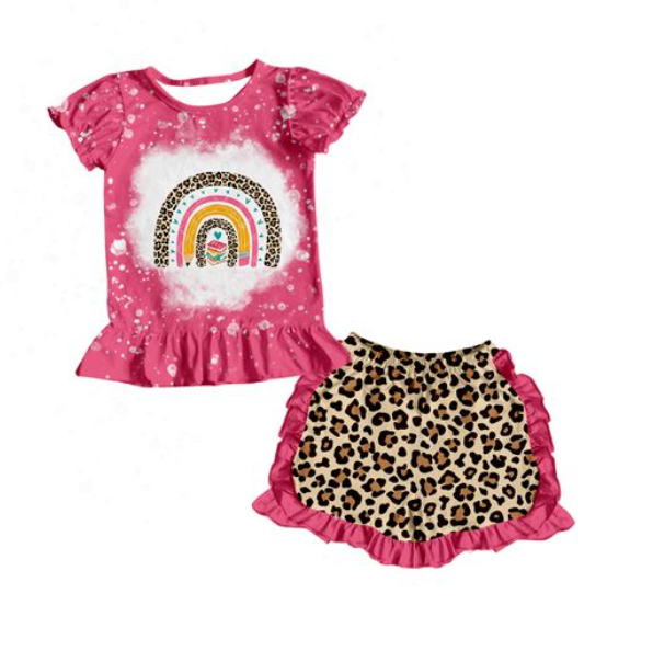 preorder Back To School Book Rainbow Short Sleeves Leopard Shorts Girls Set
