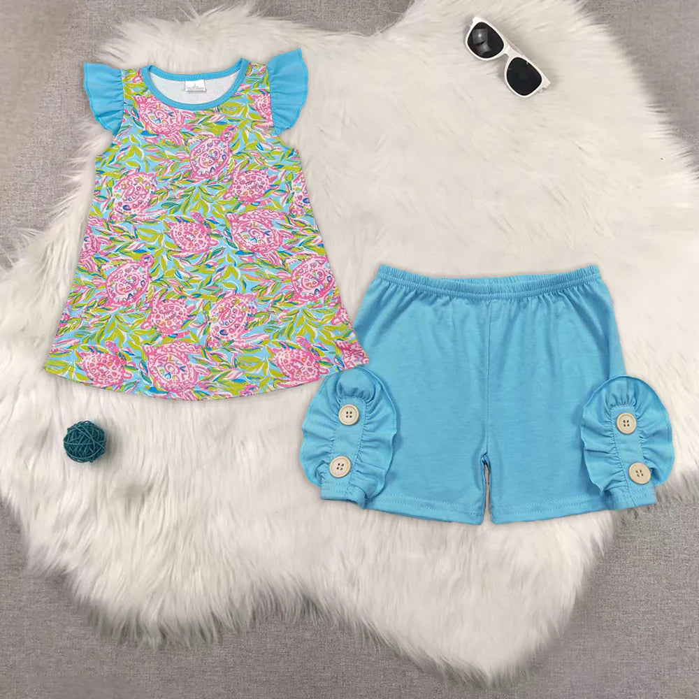 sea turtle flutter sleeve blue shorts girls set GT0566+SS0191