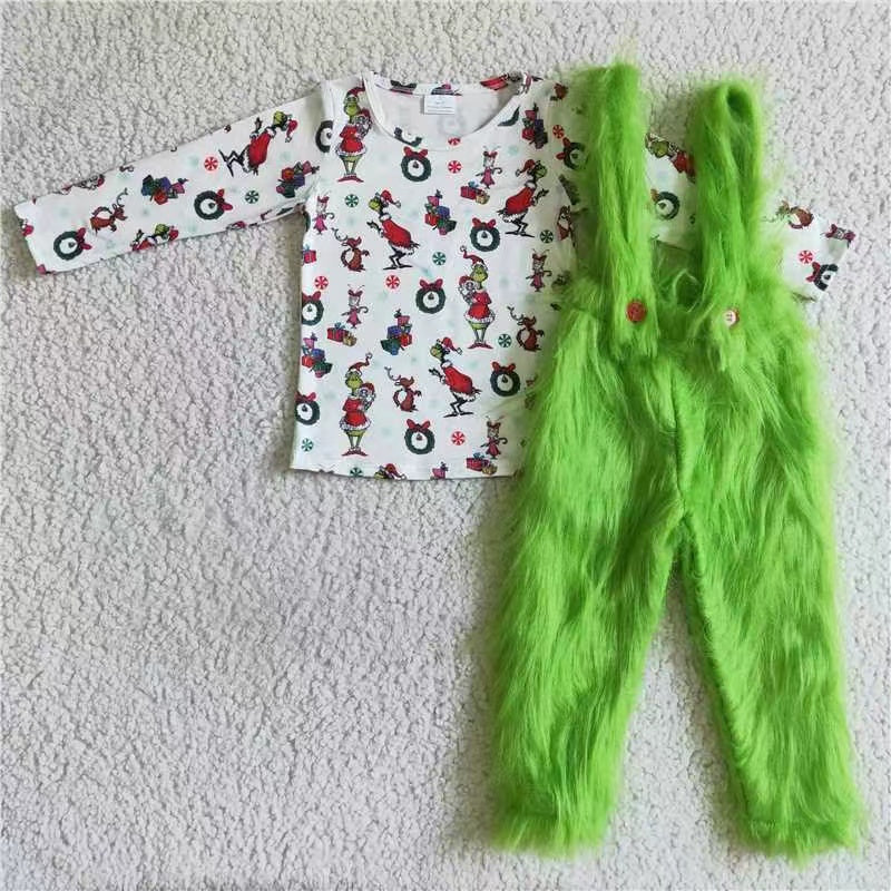 6 B0-4 Christmas green face cartoon long sleeve green fur pants boys set