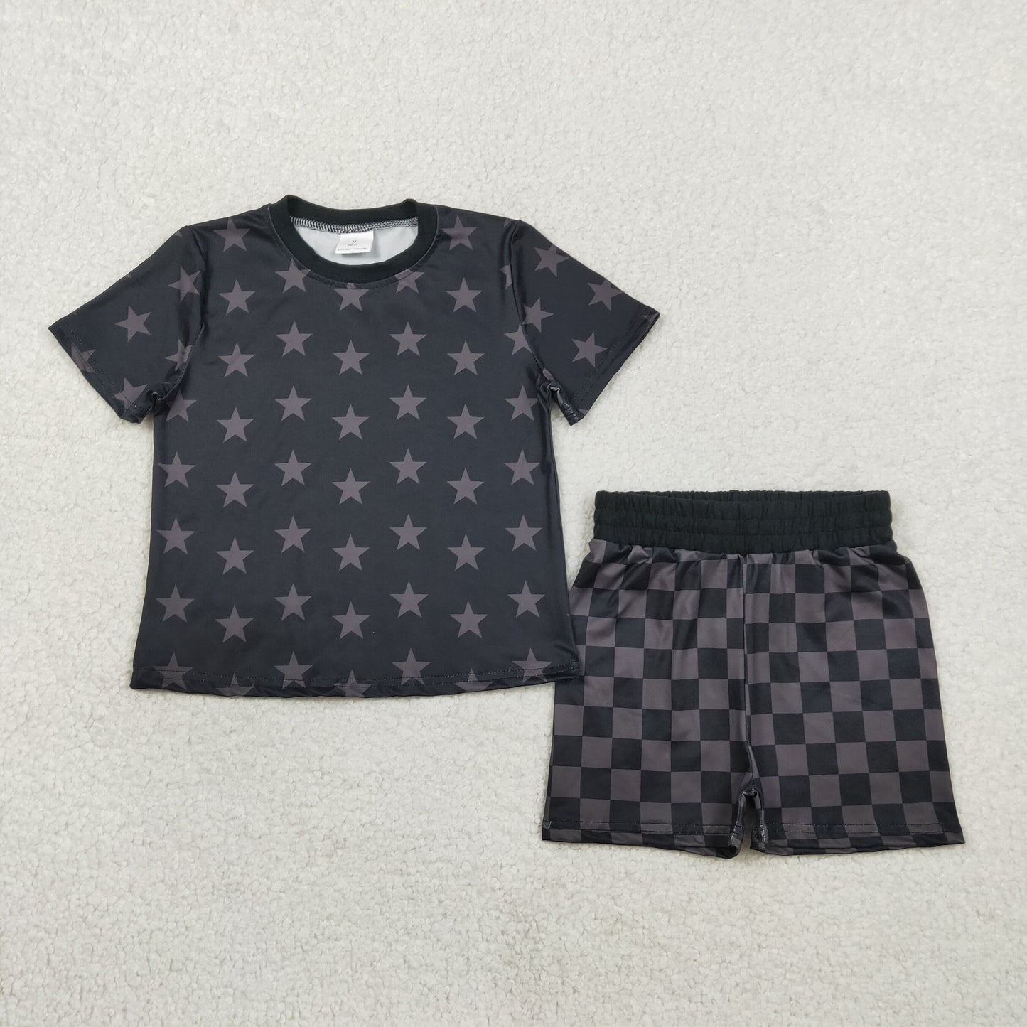 GSSO2913 Star Black Short Sleeve Checkered Shorts Girls Set