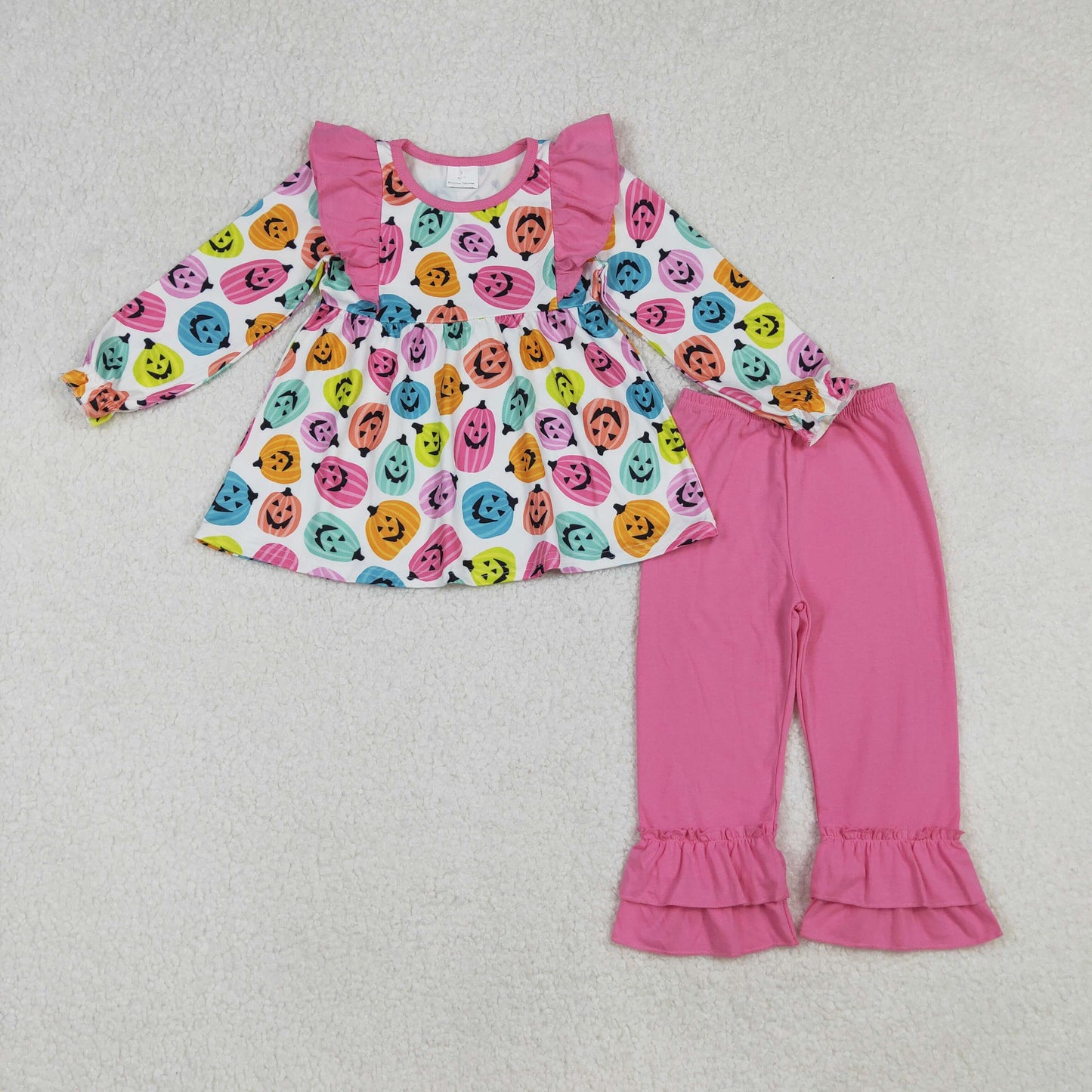 GLP2569 Halloween colorful smile pumpkin long sleeve hot pink pants girls set