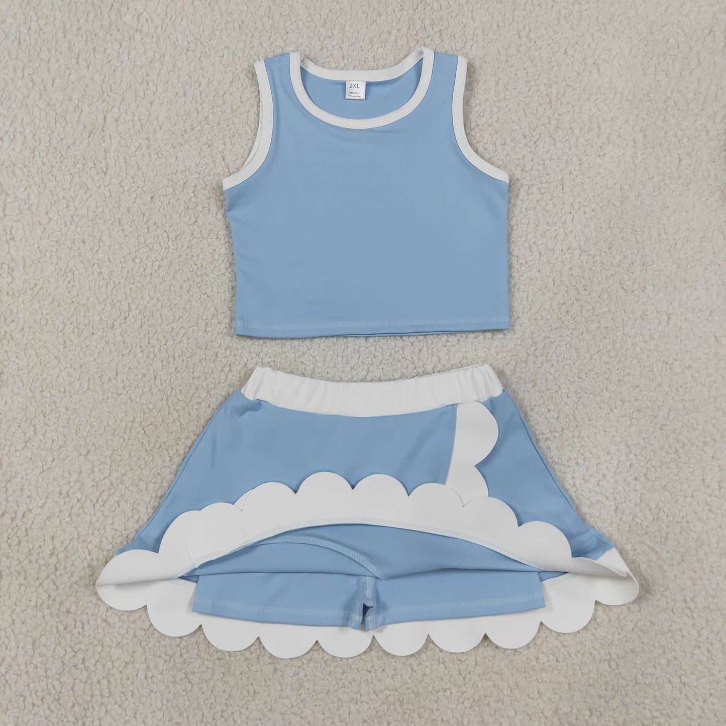 GSD4084 Yoga Scallop Cartoon Princess Blue Sleeveless Skorts Girls Set